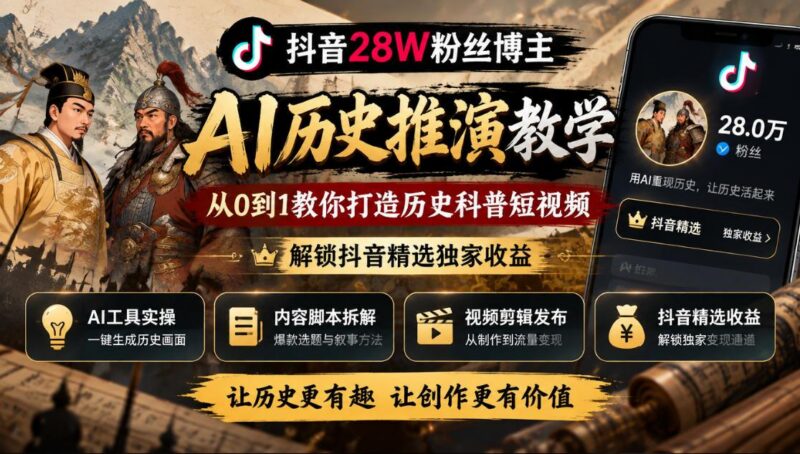 抖音28W粉丝博主的AI历史推演教学,从0到1教你打造历史科普短视频,解锁抖音精选独家收益-三零资源