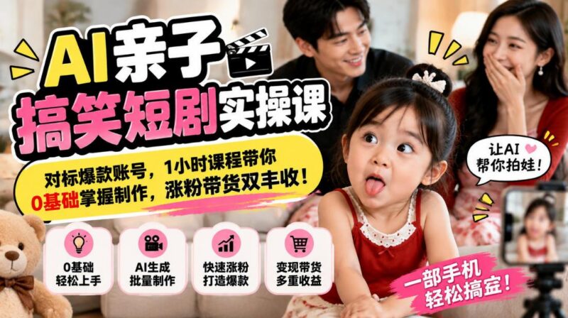 AI亲子搞笑短剧实操课,对标爆款账号,1小时课程带你0基础掌握制作,涨粉带货双丰收-三零资源