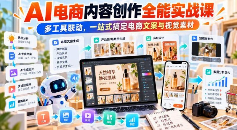 【无水印】AI电商内容创作全能实战课|多工具联动,一站式搞定电商文案与视觉素材-三零资源