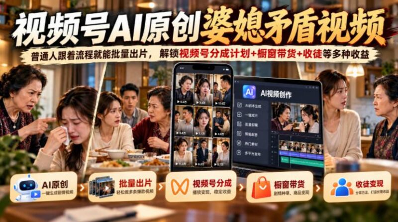 视频号ai原创婆媳矛盾视频,普通人跟着流程就能批量出片,解锁视频号分成计划+橱窗带货+收徒等多种收益-三零资源