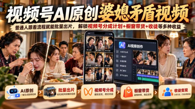 视频号ai原创婆媳矛盾视频，普通人跟着流程就能批量出片，解锁视频号分成计划+橱窗带货+收徒等多种收益