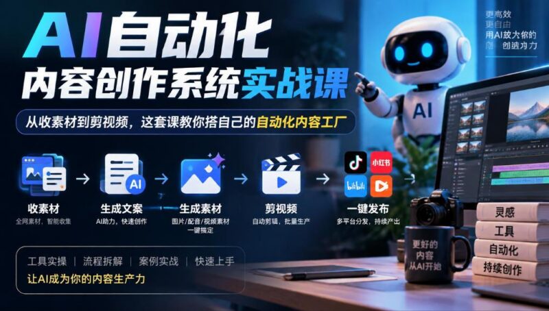 AI自动化内容创作系统实战课,从收素材到剪视频,这套课教你搭自己的自动化内容工厂-三零资源