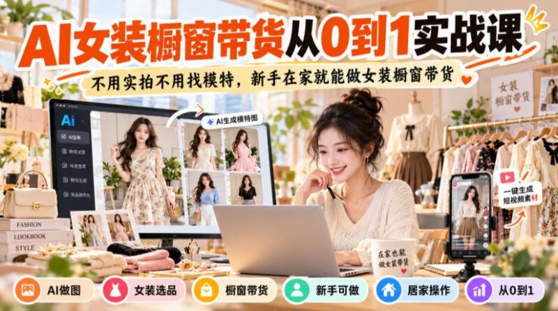 AI女装橱窗带货从0到1实战课,不用实拍不用找模特,新手在家就能做女装橱窗带货-三零资源