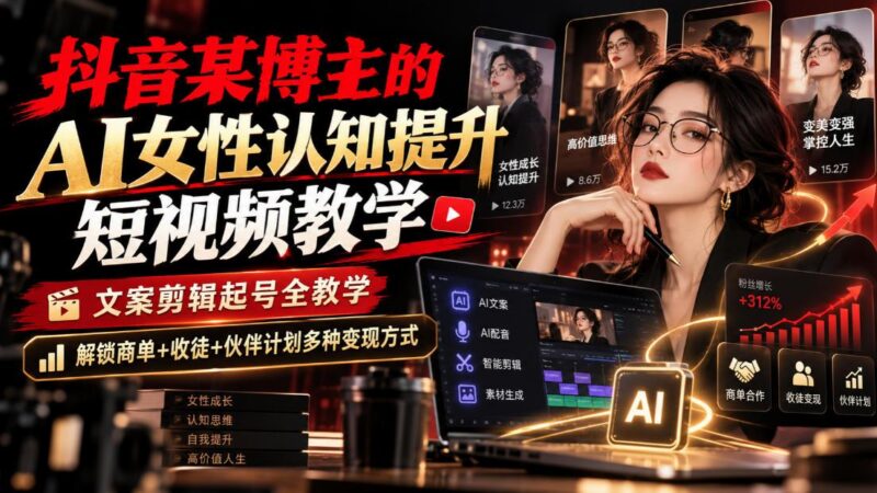 抖音某博主的Ai女性认知提升短视频教学,文案剪辑起号全教学,解锁商单+收徒+伙伴计划多种变现方式-三零资源