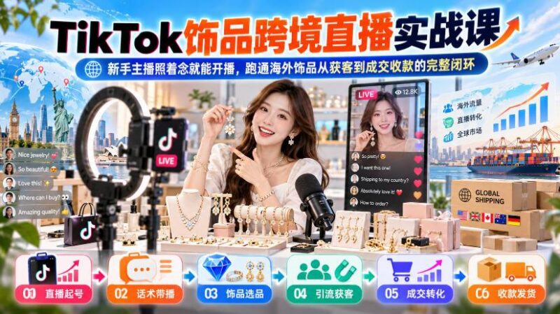 TikTok饰品跨境直播实战课，新手主播照着念就能开播，跑通海外饰品从获客到成交收款的完整闭环-三零资源