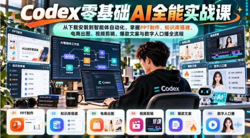 Codex零基础AI全能实战课：从下载安装到智能体自动化，掌握知识库搭建、电商出图、视频剪辑、爆款文案与数字人口播全流程-三零资源