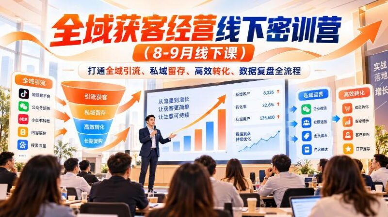 全域获客经营线下密训营(8-9月线下课),打通全域引流、私域留存、高效转化、数据复盘全流程-三零资源