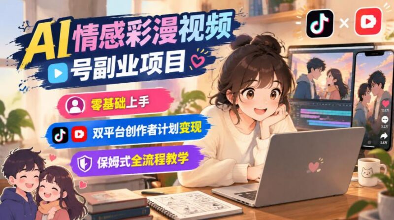 AI情感彩漫视频号副业项目，零基础上手，双平台创作者计划变现，保姆式全流程教学-三零资源