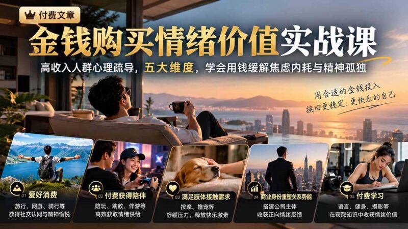 付费文章：金钱购买情绪价值实战课｜高收入人群心理疏导，五大维度，学会用钱缓解焦虑内耗与精神孤独-三零资源