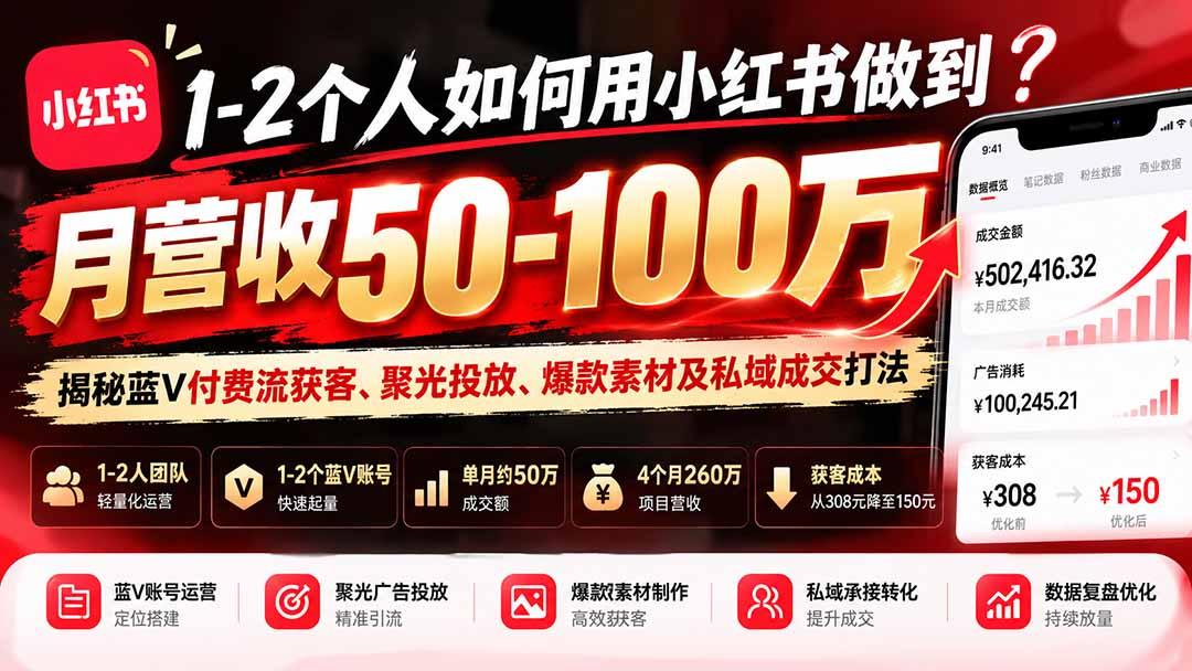 1-2个人如何用小红书做到月营收50-100万？揭秘蓝V付费流获客、聚光投放、爆款素材及私域成交打法
