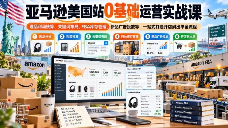 亚马逊美国站0基础运营实战课｜选品利润核算、关键词布局、FBA库存管理、新品广告投放等，一站式打通开店到出单全流程-三零资源