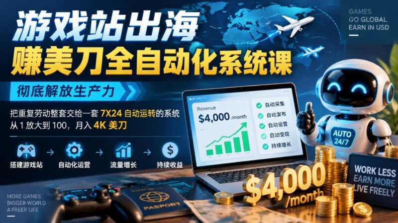 游戏站出海賺美刀全自动化系统课，彻底解放生产力–把重复劳动整套交给一套7X24自动运转的系统，从1放大到100，月入4K美刀 三零资源-三零资源
