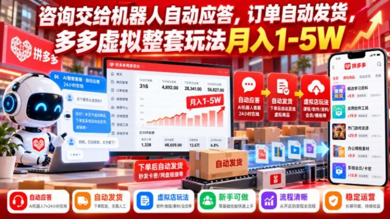 咨询交给机器人自动应答,订单自动发货,多多虚拟整套玩法月入1-5W【揭秘】-三零资源