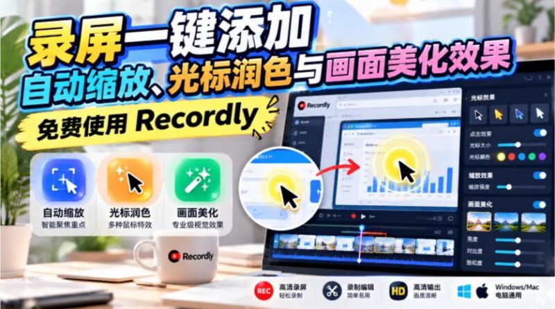 录屏一键添加自动缩放、光标润色与画面美化效果,免费使用Recordly-三零资源