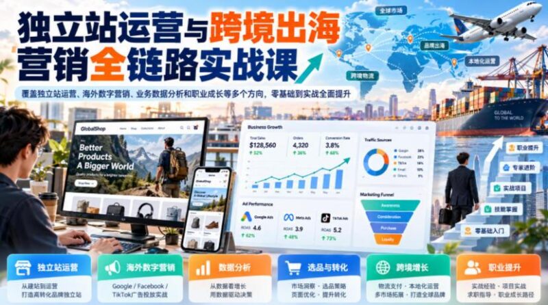 独立站运营与跨境出海营销全链路实战课，覆盖独立站运营、海外数字营销、业务数据分析和职业成长等多个方向，零基础到实战全面提升-三零资源
