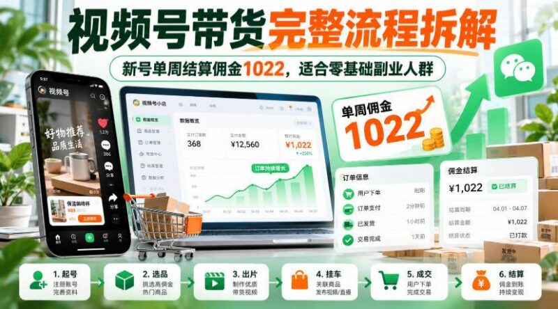 视频号带货完整流程拆解,新号单周结算佣金1022,适合零基础副业人群 三零资源-三零资源