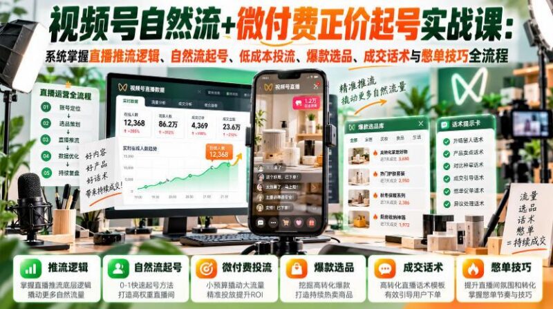 视频号自然流+微付费正价起号实战课：系统掌握直播推流逻辑、自然流起号、低成本投流、爆款选品、成交话术与憋单技巧全流程 三零资源-三零资源