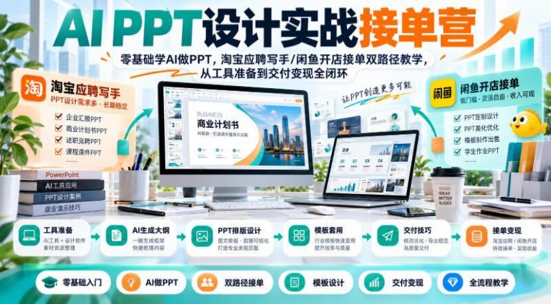AI PPT设计实战接单营|零基础学AI做PPT,淘宝应聘写手/闲鱼开店接单双路径教学,从工具准备到交付变现全闭环 三零资源-三零资源