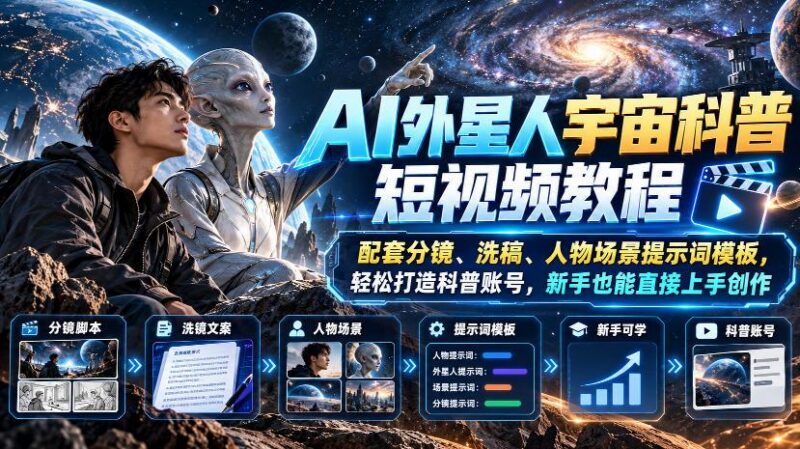 AI外星人宇宙科普短视频教程,配套分镜、洗稿、人物场景提示词模板,轻松打造科普账号,新手也能直接上手创作-三零资源