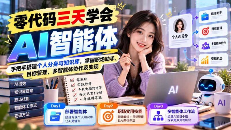 【无水印】零代码三天学会AI智能体：手把手搭建个人分身与知识库，掌握职场助手、目标管理、多智能体协作及变现 三零资源-三零资源