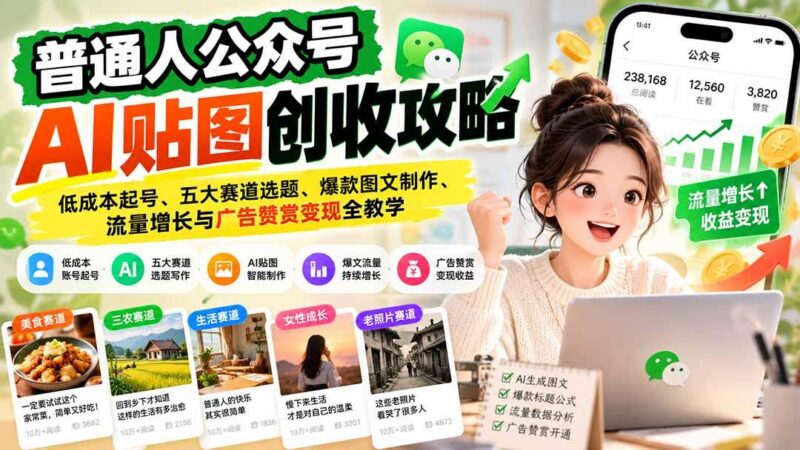普通人公众号AI贴图创收攻略:低成本起号、五大赛道选题、爆款图文制作、流量增长与广告赞赏变现全教学-三零资源