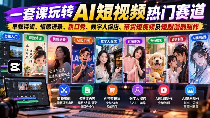 一套课玩转AI短视频热门赛道:早教诗词、情感语录、脱口秀、数字人探店、带货短视频及短剧漫剧制作 复制标题-三零资源