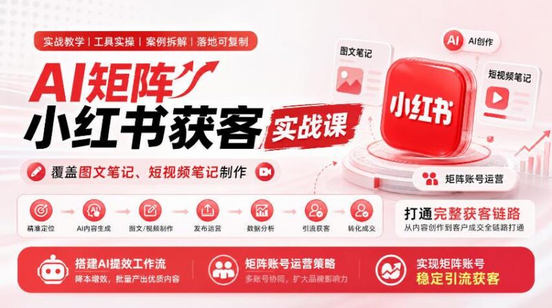 AI矩阵小红书获客实战课,覆盖图文笔记、短视频笔记制作,打通完整获客链路,搭建AI提效工作流,实现矩阵账号稳定引流获客-三零资源