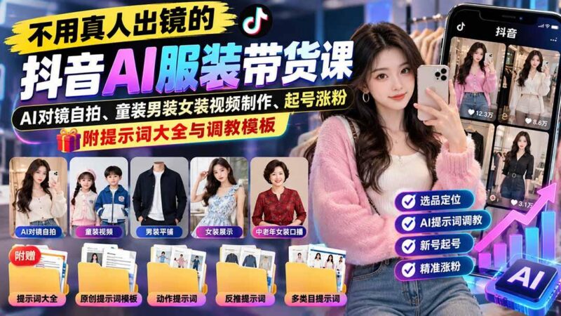 不用真人出镜的抖音AI服装带货课:AI对镜自拍、童装男装女装视频制作、起号涨粉,附提示词大全与调教模板-三零资源