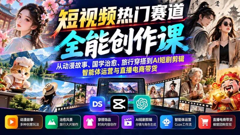 短视频热门赛道全能创作课:从动漫故事、国学治愈、旅行穿搭到AI短剧剪辑、智能体运营与直播电商带货-三零资源
