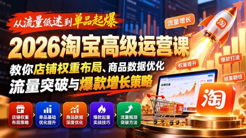 从流量低迷到单品起爆：2026淘宝高级运营课教你店铺权重布局、商品数据优化、流量突破与爆款增长策略-三零资源