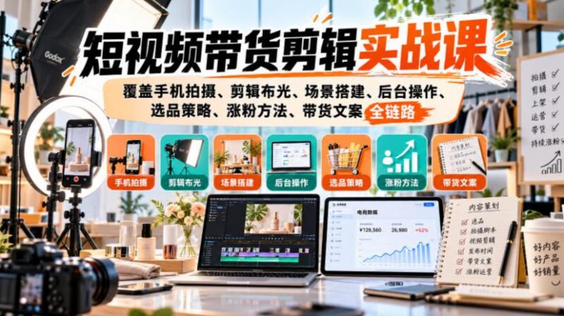 短视频带货剪辑实战课，覆盖手机拍摄、剪辑布光、场景搭建、后台操作、选品策略、涨粉方法、带货文案全链路 三零资源-三零资源
