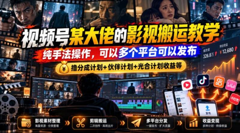 视频号某大佬的影视搬运教学,纯手法操作,可以多个平台可以发布,撸分成计划+伙伴计划+光合计划收益等 三零资源-三零资源