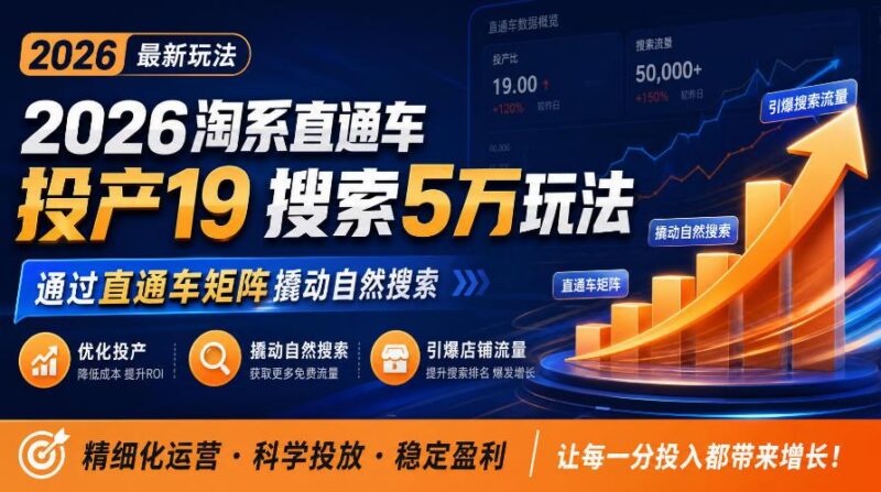 2026淘系直通车投产19搜索5万玩法,通过直通车矩阵撬动自然搜索,帮助商家优化投产,引爆店铺搜索流量-三零资源