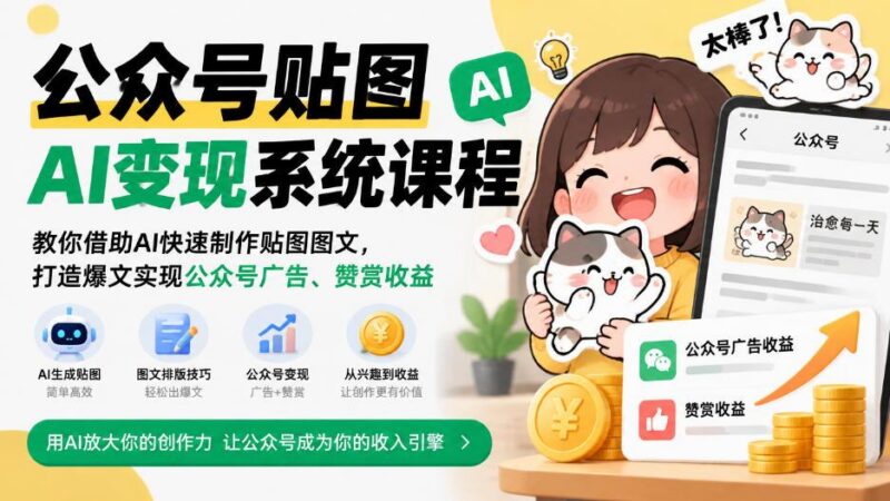 公众号贴图AI变现系统课程|教你借助AI快速制作贴图图文,打造爆文实现公众号广告、赞赏收益-三零资源