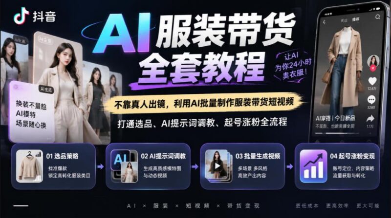 抖音AI服装带货全套教程，不靠真人出镜，利用AI批量制作服装带货短视频，打通选品、AI提示词调教、起号涨粉全流程-三零资源