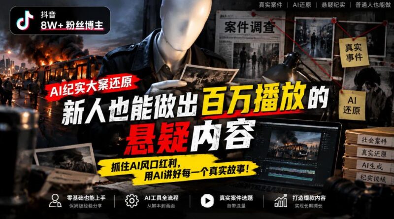 抖音8W粉丝博主的AI纪实大案还原教学，新人也能做出百W播放的悬疑内容，抓住AI风口红利，用AI讲好每一个真实故事(更新1014)-三零资源
