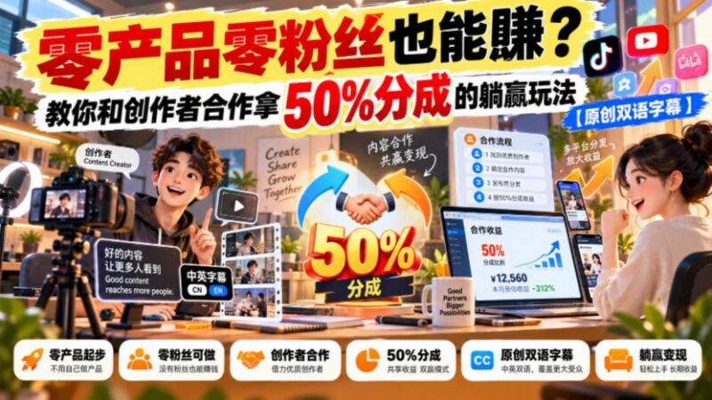 【无水印】零产品零粉丝也能賺?教你和创作者合作拿50%分成的躺赢玩法【原创双语字幕】 三零资源-三零资源