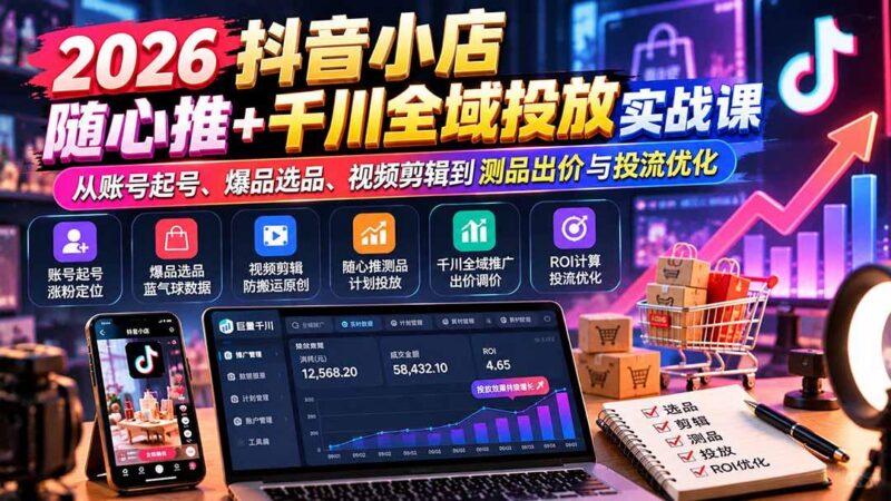 2026抖音小店随心推+千川全域投放实战课:从账号起号、爆品选品、视频剪辑到测品出价与投流优化 三零资源-三零资源