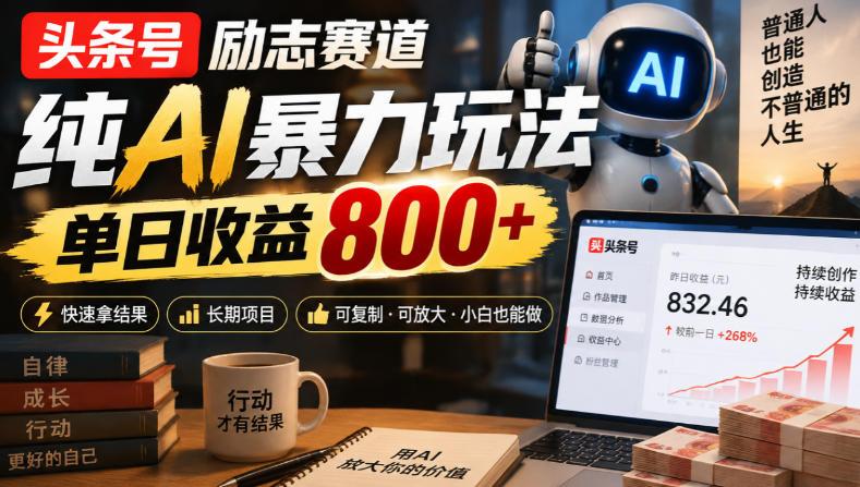 头条号励志赛道,纯AI暴力玩法,单日收益800+,快速拿结果,长期项目-三零资源