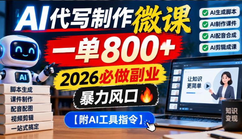 AI代写制作微课，一单800+，2026必做副业，暴力风口【附AI工具指令】【揭秘】 三零资源-三零资源