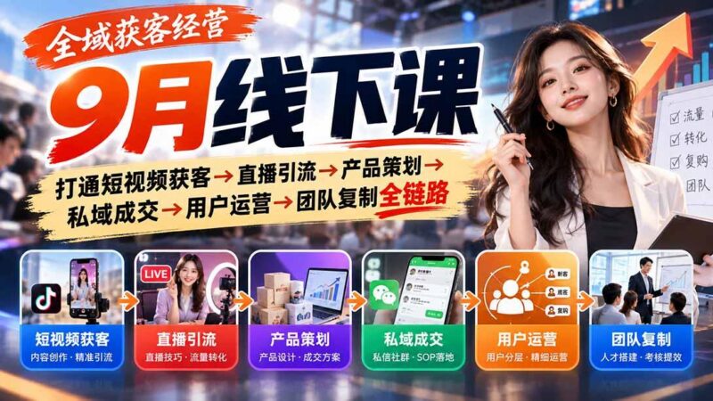 全域获客经营9月线下课:打通短视频获客→直播引流→产品策划→私域成交→用户运营→团队复制全链路-三零资源