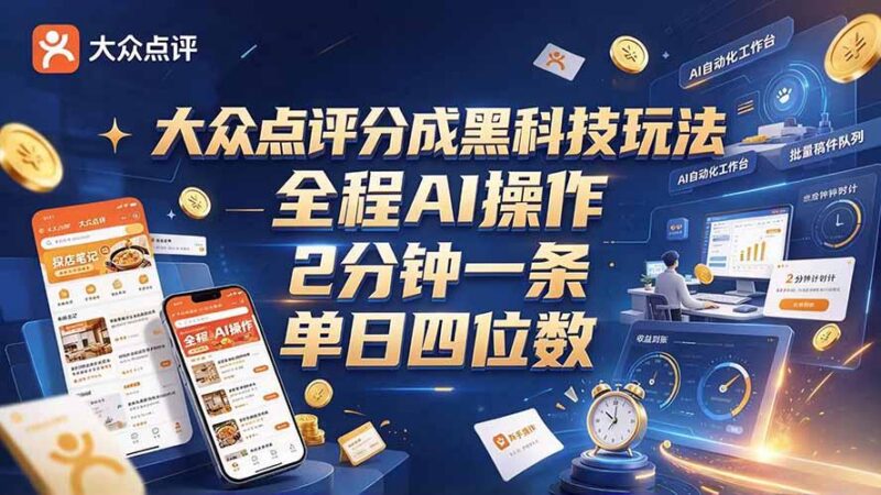 大众点评分成全网独家玩法，AI 全自动出内容，2 分钟一条，小白可冲单日四位数-三零资源