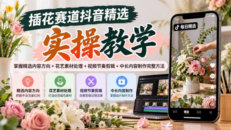 插花赛道抖音精选实操教学:掌握精选内容方向+花艺素材处理+视频节奏剪辑+中长内容制作完整方法-三零资源