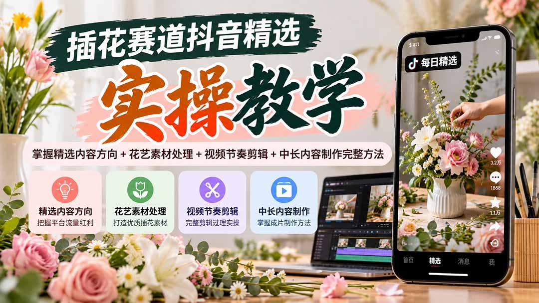 插花赛道抖音精选实操教学:掌握精选内容方向+花艺素材处理+视频节奏剪辑+中长内容制作完整方法