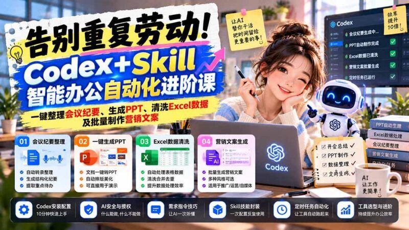 告别重复劳动！Codex+Skill智能办公自动化进阶课：一键整理会议纪要、生成PPT、清洗Excel数据及批量制作营销文案-三零资源