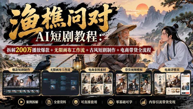 【无水印】渔樵问对AI短剧教程:拆解200万播放爆款+无限画布工作流+古风短剧制作+电商带货全流程-三零资源