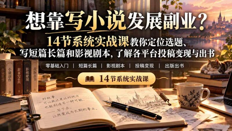 【无水印】想靠写小说发展副业？14节系统实战课教你定位选题、写短篇长篇和影视剧本，了解各平台投稿变现与出书 三零资源-三零资源