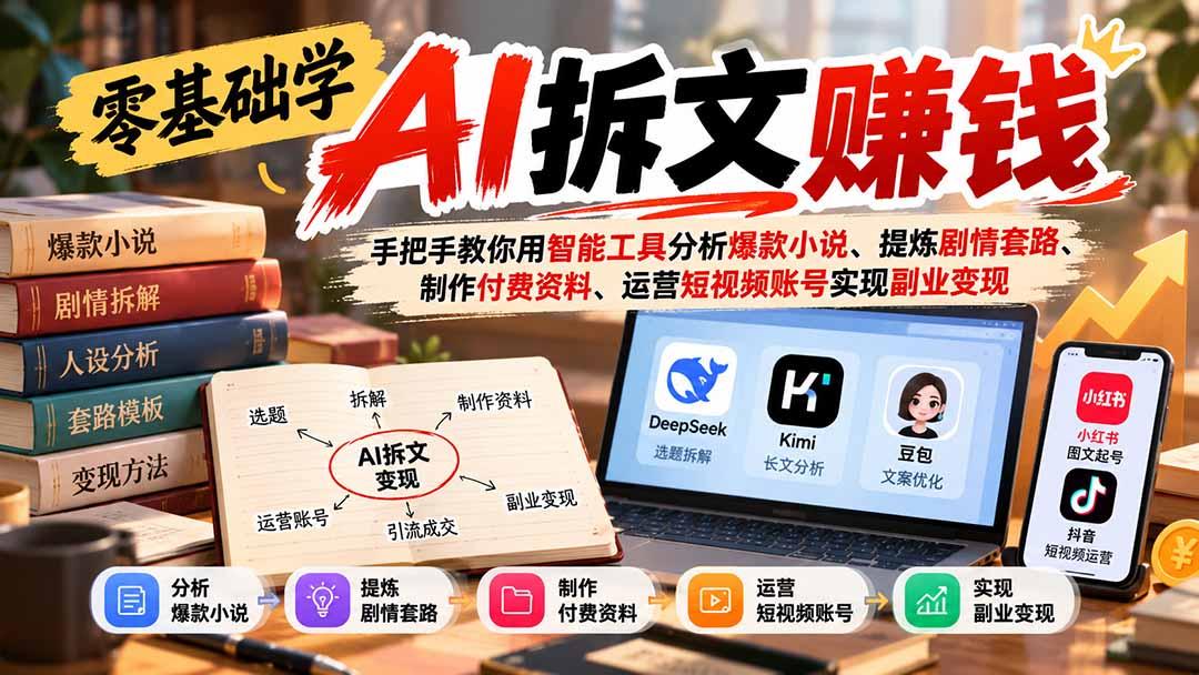 零基础学AI拆文赚钱:手把手教你用智能工具分析爆款小说、提炼剧情套路、制作付费资料、运营短视频账号实现副业变现