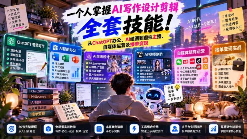 一个人掌握AI写作设计剪辑全套技能:从ChatGPT办公、AI绘画到虚拟主播、自媒体运营及接单变现 三零资源-三零资源