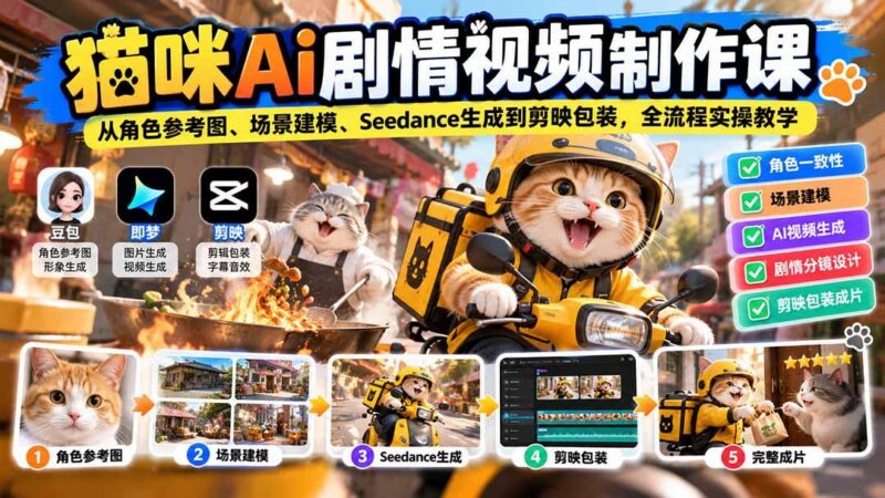 猫咪AI剧情视频制作课:从角色参考图、场景建模、Seedance生成到剪映包装,全流程实操教学-三零资源